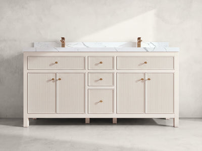 Sonoma 72 inch Alabaster double vanity with Calacatta Laza Quartz countertop, front view on neutral linen background