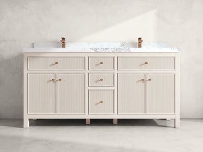 Sonoma 72 inch Alabaster double vanity with Calacatta Nuvo Quartz countertop, front view on neutral linen background