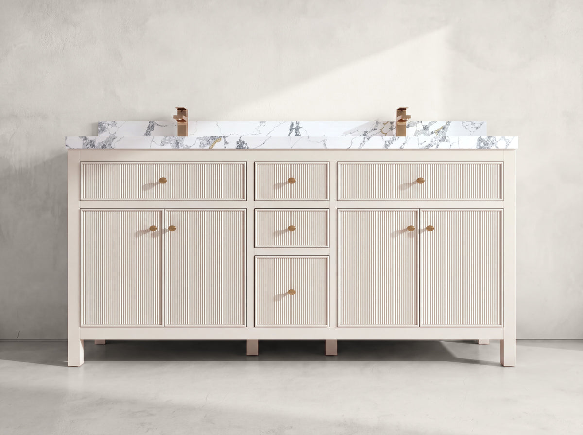 Sonoma 72 inch Alabaster double vanity with Calacatta Poanazzo Quartz countertop, front view on neutral linen background