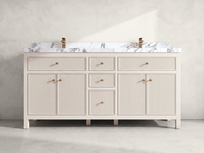 Sonoma 72 inch Alabaster double vanity with Calacatta Poanazzo Quartz countertop, front view on neutral linen background