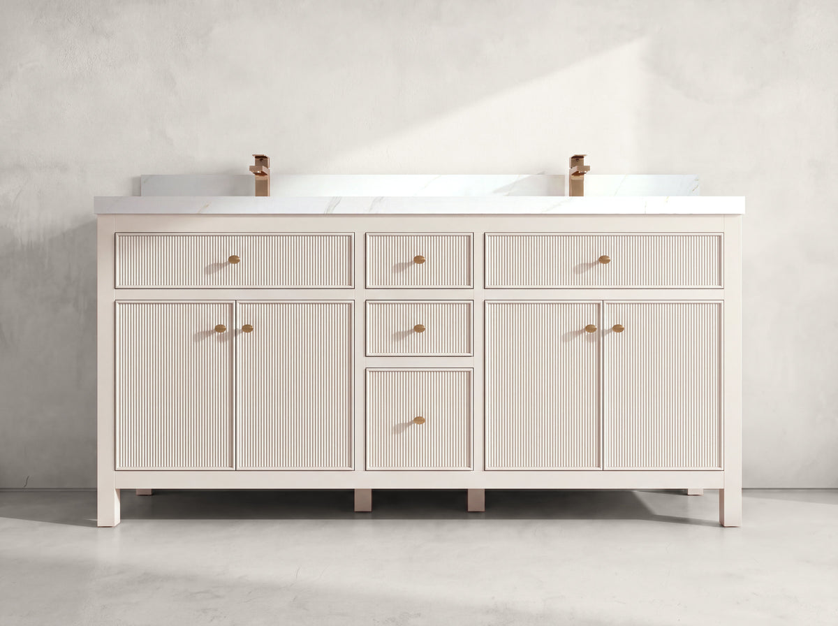 Sonoma 72 inch Alabaster double vanity with Calacatta Sienna Quartz countertop, front view on neutral linen background