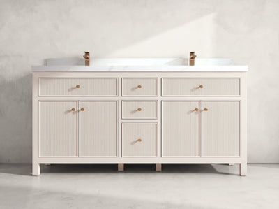 Sonoma 72 inch Alabaster double vanity with Calacatta Sienna Quartz countertop, front view on neutral linen background