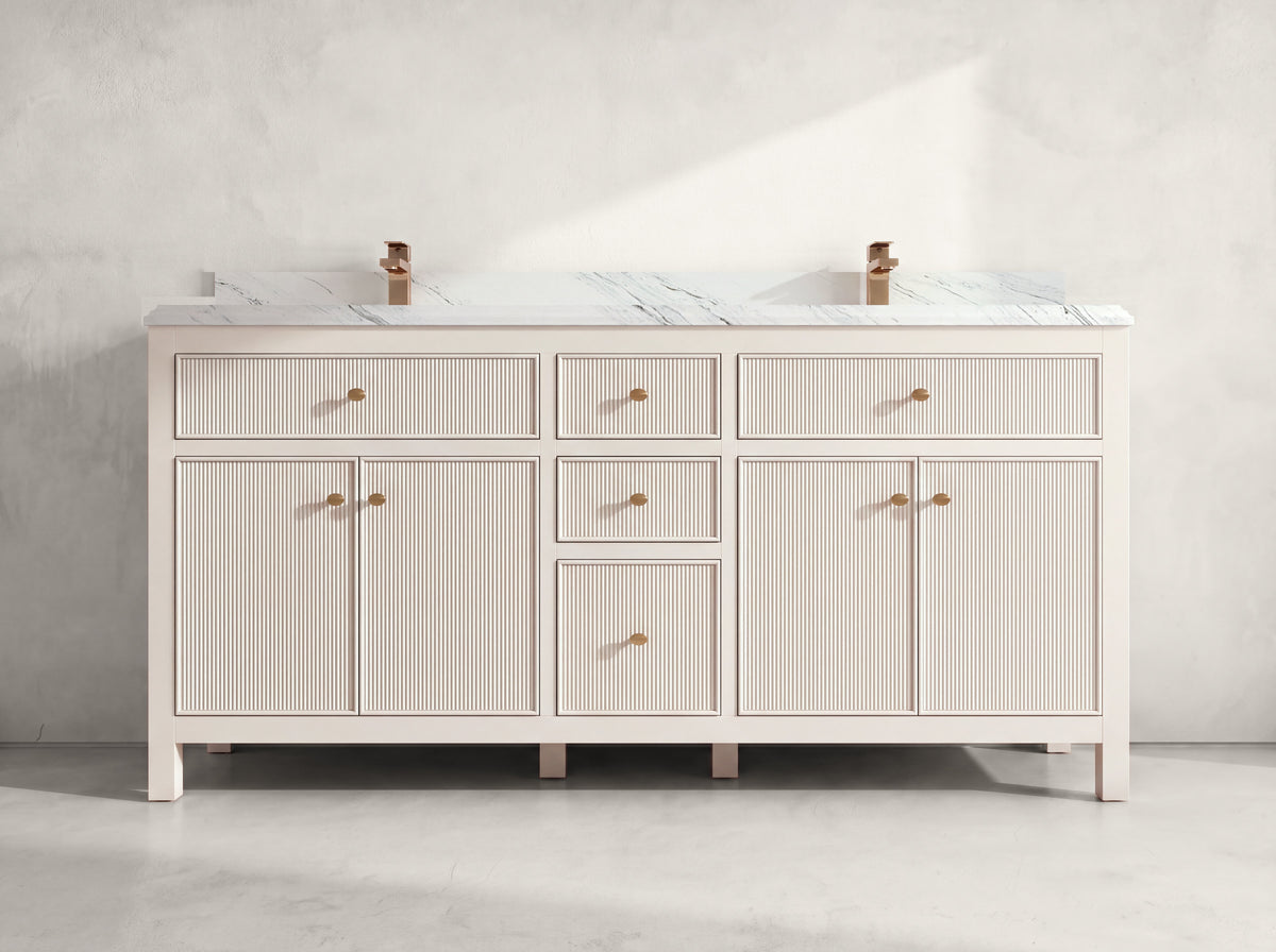 Sonoma 72 inch Alabaster double vanity with DC Palissandro Quartz countertop, front view on neutral linen background