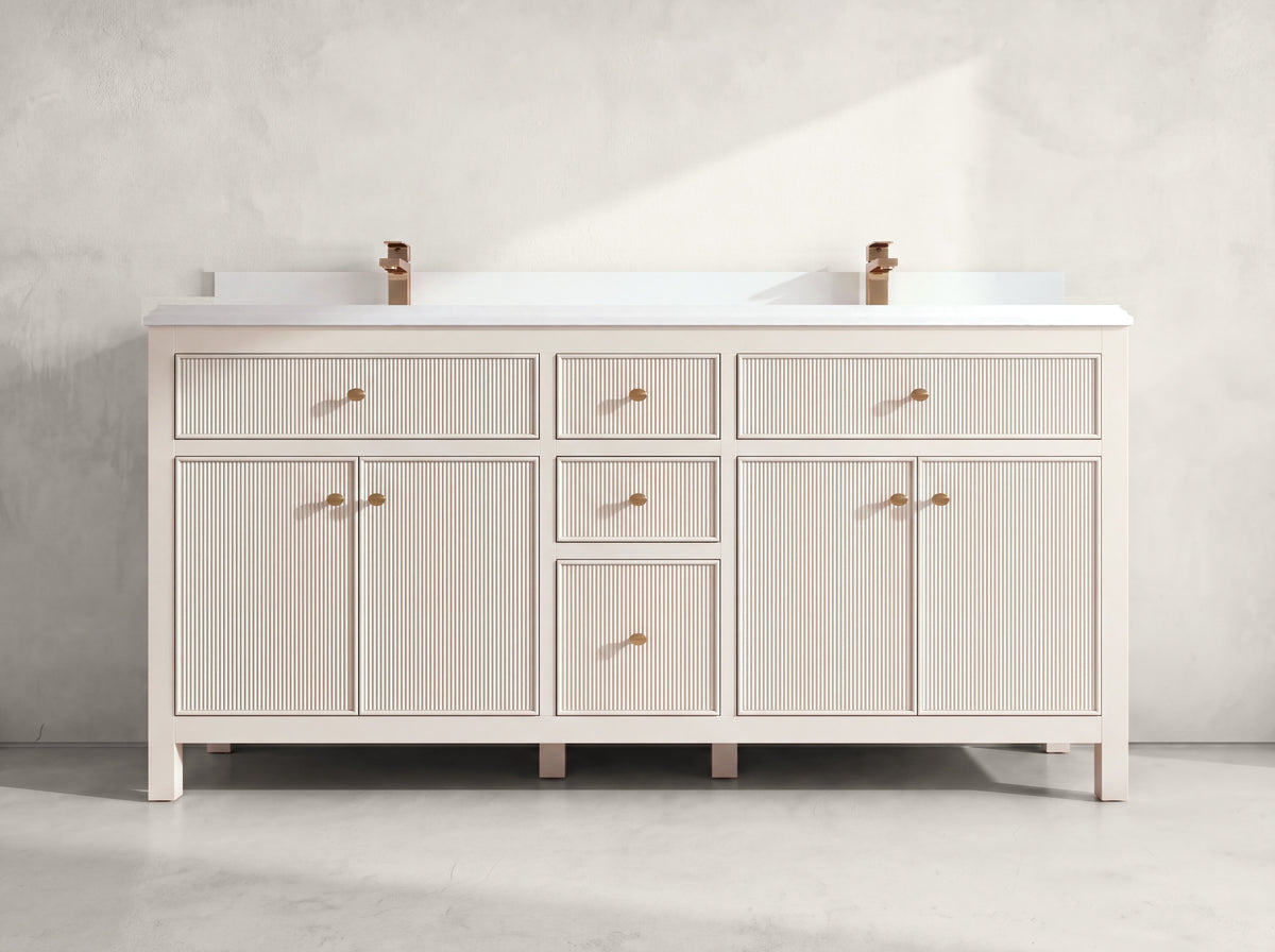 Sonoma 72 inch Alabaster double vanity with DC White Quartz countertop, front view on neutral linen background