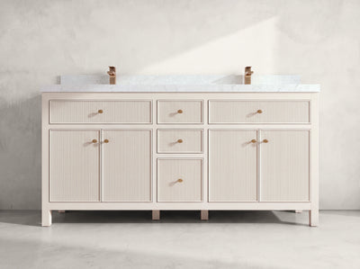 Sonoma 72 inch Alabaster double vanity with Frosty Carrara Quartz countertop, front view on neutral linen background