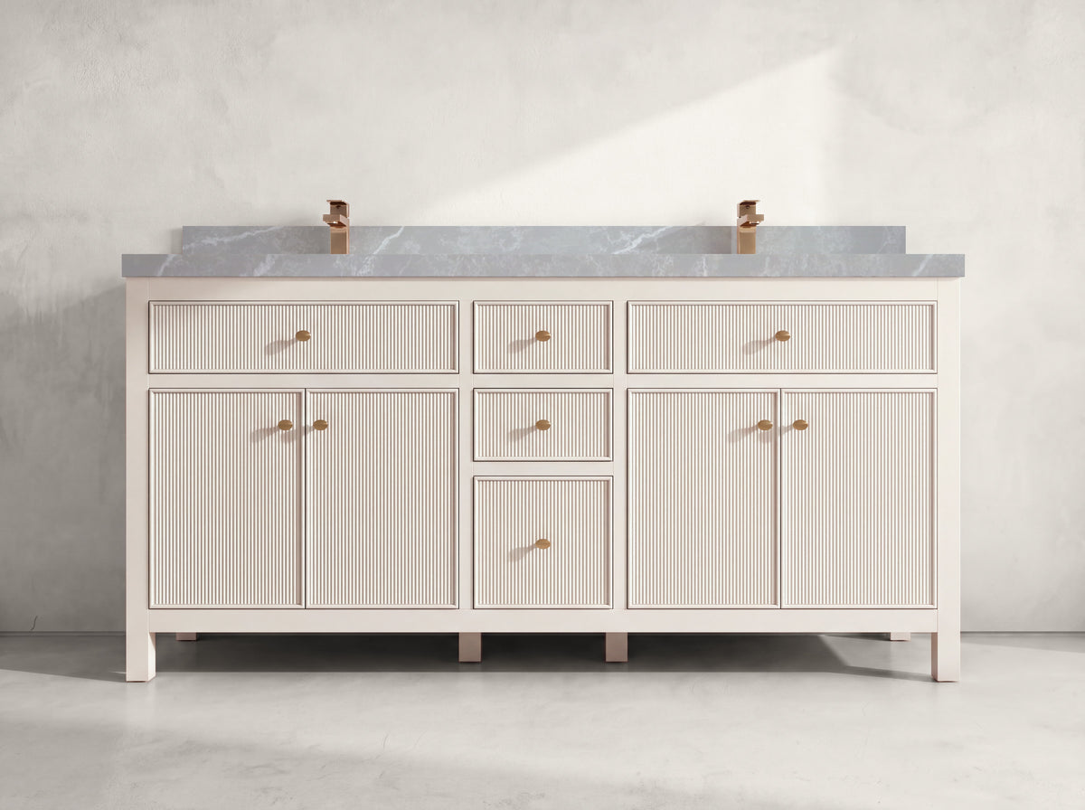 Sonoma 72 inch Alabaster double vanity with Pearl Light Gray Quartz countertop, front view on neutral linen background