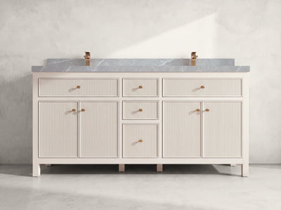 Sonoma 72 inch Alabaster double vanity with Pearl Light Gray Quartz countertop, front view on neutral linen background