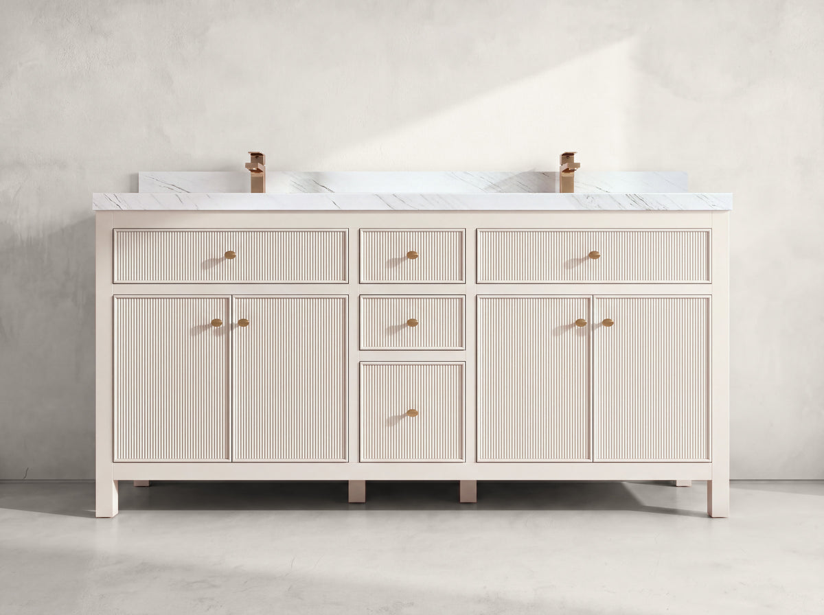 Sonoma 72 inch Alabaster double vanity with Palissandro Quartz countertop, front view on neutral linen background