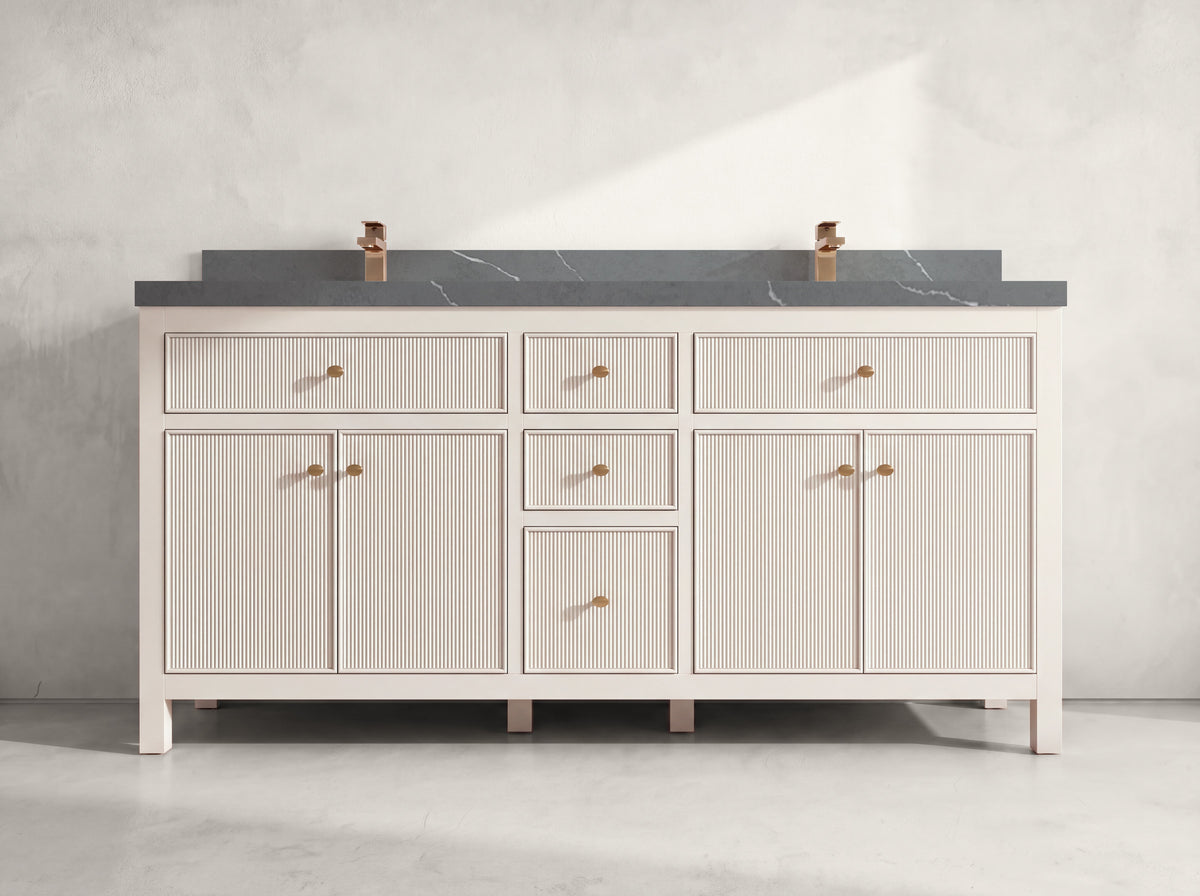 Sonoma 72 inch Alabaster double vanity with Piatra Gray Quartz countertop, front view on neutral linen background