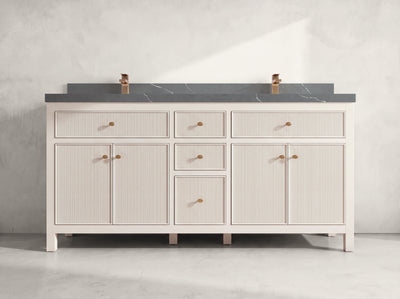 Sonoma 72 inch Alabaster double vanity with Piatra Gray Quartz countertop, front view on neutral linen background