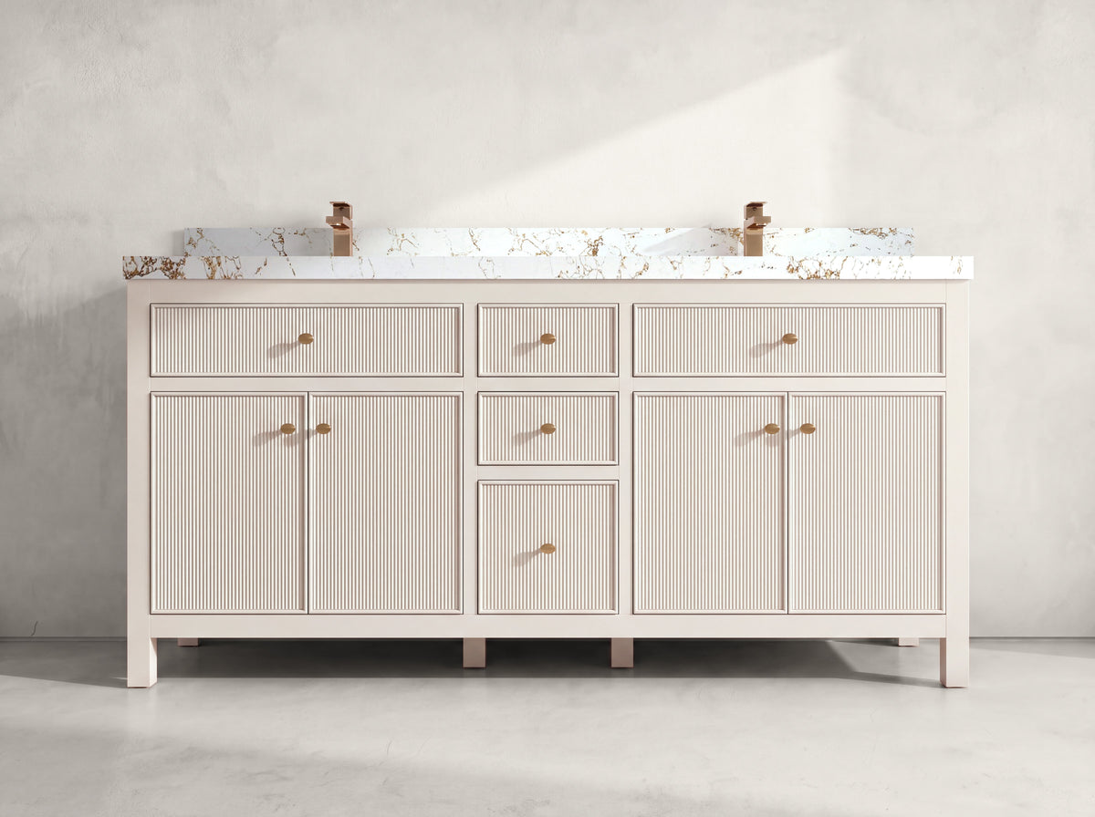 Sonoma 72 inch Alabaster double vanity with Viola Gold Quartz countertop, front view on neutral linen background