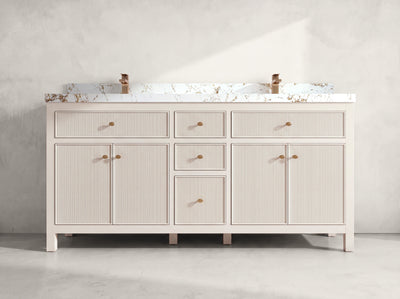 Sonoma 72 inch Alabaster double vanity with Viola Gold Quartz countertop, front view on neutral linen background