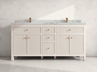 Sonoma 72 inch Alabaster double vanity with Venatino Quartz countertop, front view on neutral linen background