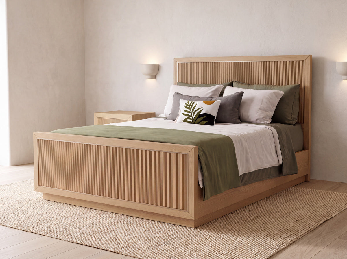 Sonoma bed in Nordic White Oak with green and white bedding in a bright neutral bedroom; mattress and bedding sold separately