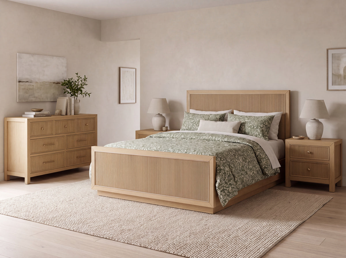 Sonoma bedroom furniture in Nordic White Oak, including a bed, matching nightstands and dresser; coordinating furniture and bedding sold separately