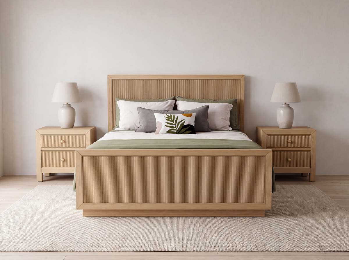 Sonoma bed in Nordic White Oak shown from the front in a neutral bedroom with one matching nightstand on each side; nightstands and bedding sold separately