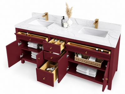 Sonoma Burgundy 72-inch vanity with open doors and drawers, hair-tool organizer and veined countertop — studio rendering