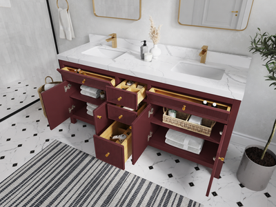 Sonoma Burgundy 72-inch double sink vanity — open drawers, doors and storage