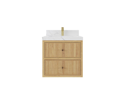 Sonoma 24-inch floating bathroom vanity in Light Natural Teak with white stone countertop, front view