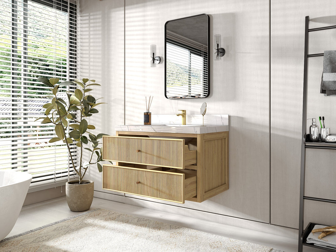 Sonoma Floating Teak 36 in. W x 22 in. D Center Sink Bathroom Vanity - Willow Bath and Vanity