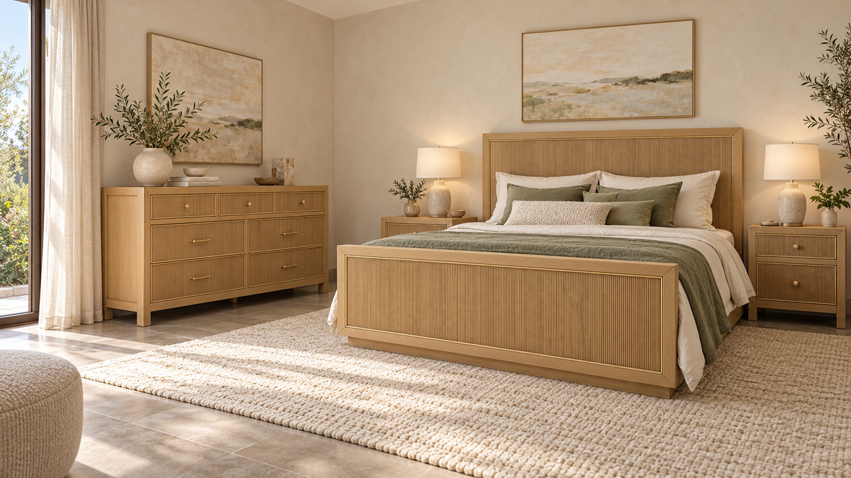 Sonoma Bed in Nordic White Oak styled in a bedroom interior
