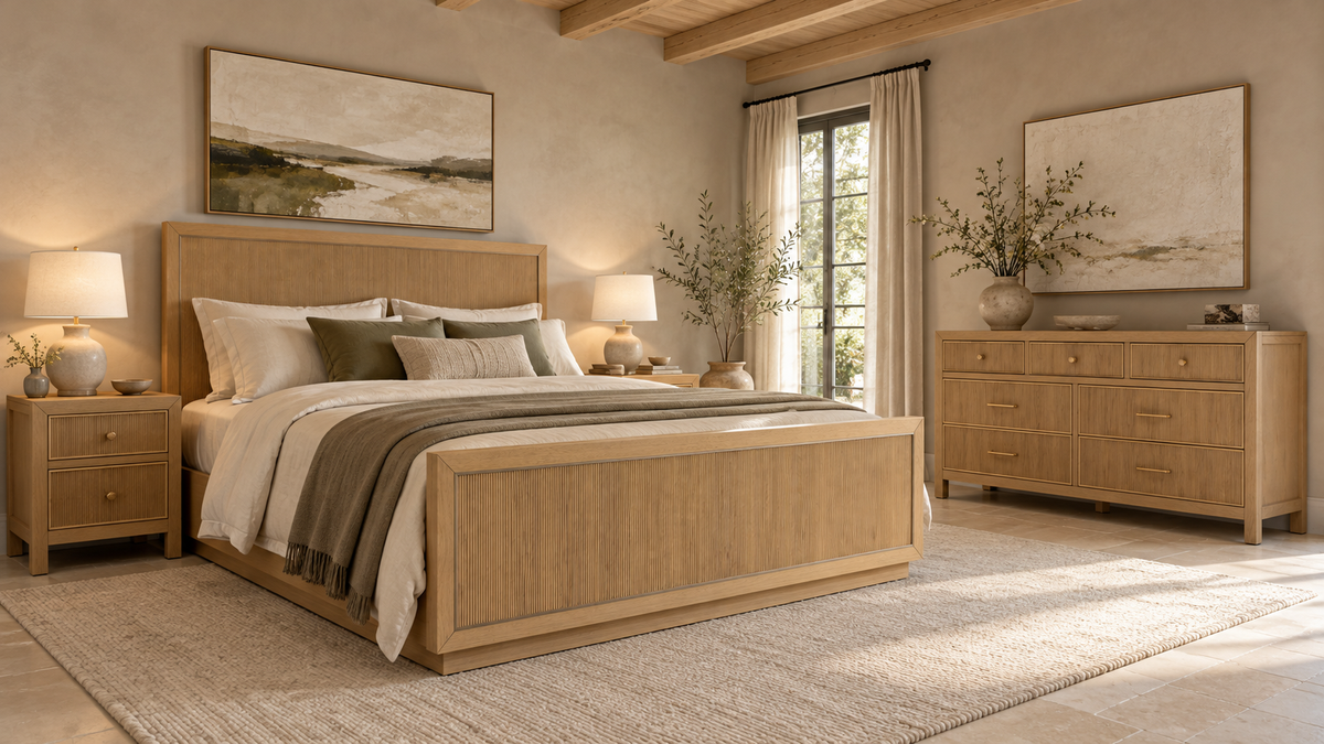 Sonoma Nordic White Oak bedroom interior with bed, two nightstands and 72-inch seven-drawer dresser; furniture sold separately. Room view 2.