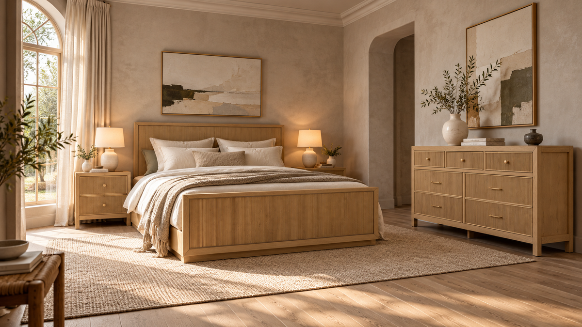 Sonoma Nordic White Oak bedroom interior render with bed, two nightstands and dresser, limewash room concept for selection; furniture sold separately.