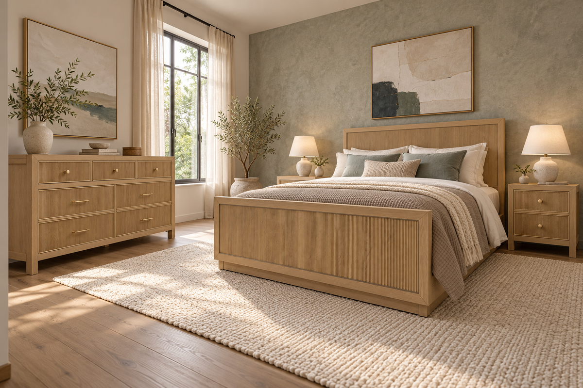 Sonoma Nordic White Oak bedroom interior with bed, two nightstands and 72-inch seven-drawer dresser; furniture sold separately. Room view 3.
