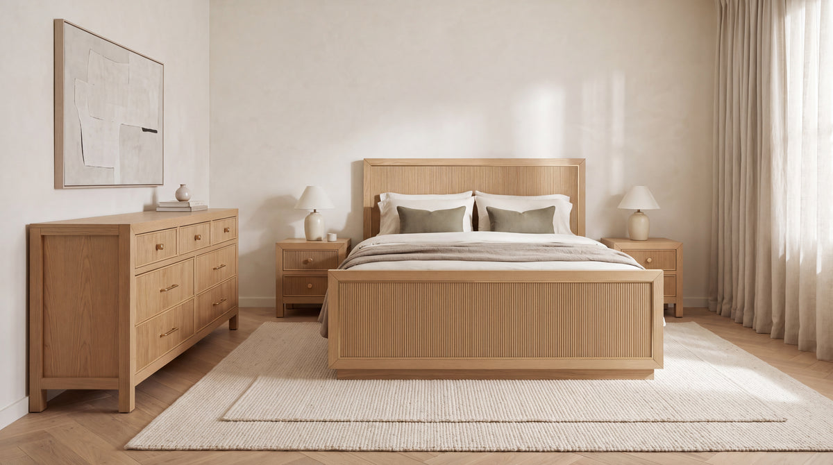 Sonoma bedroom interior concept rendered with Nano Banana for comparison; bed, two nightstands and dresser; furniture sold separately.