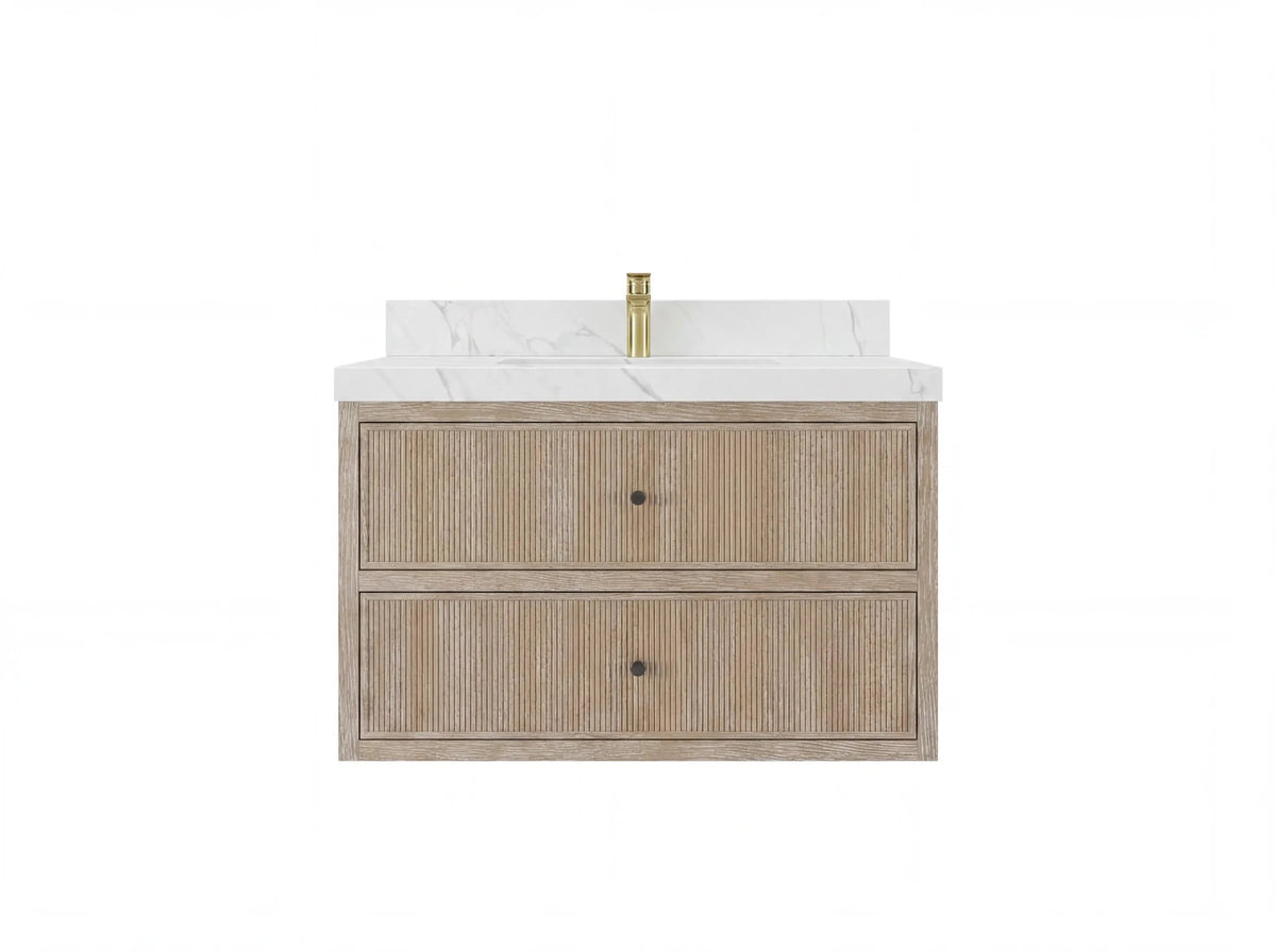 Sonoma Reeded Floating Teak 36 in. W x 22 in. D Center Sink Bathroom Vanity - Willow Bath and Vanity
