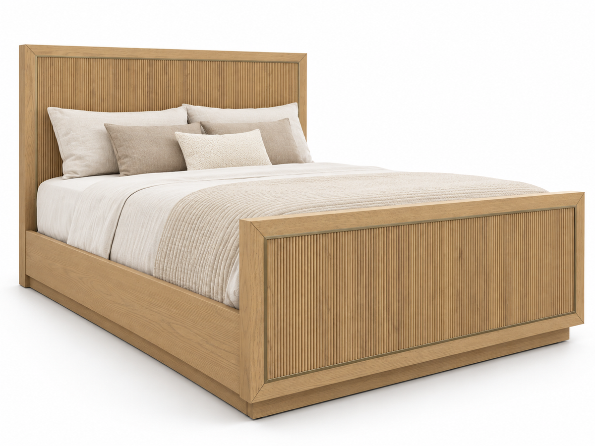 Rendered Sonoma bed in Nordic White Oak — white right. Bedding and decor shown for styling.