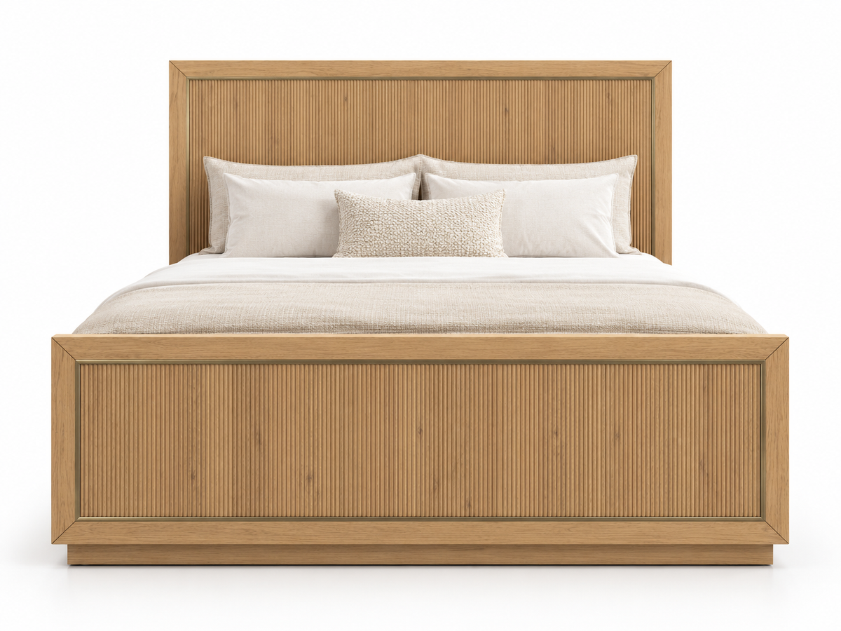 Rendered Sonoma bed in Nordic White Oak — white front. Bedding and decor shown for styling.