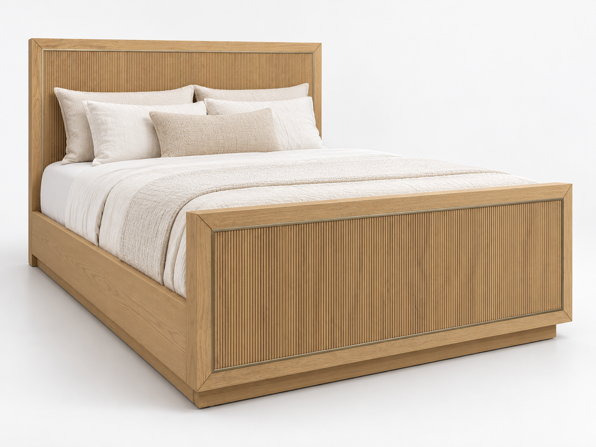 Rendered Sonoma bed in Nordic White Oak — white elevated. Bedding and decor shown for styling.