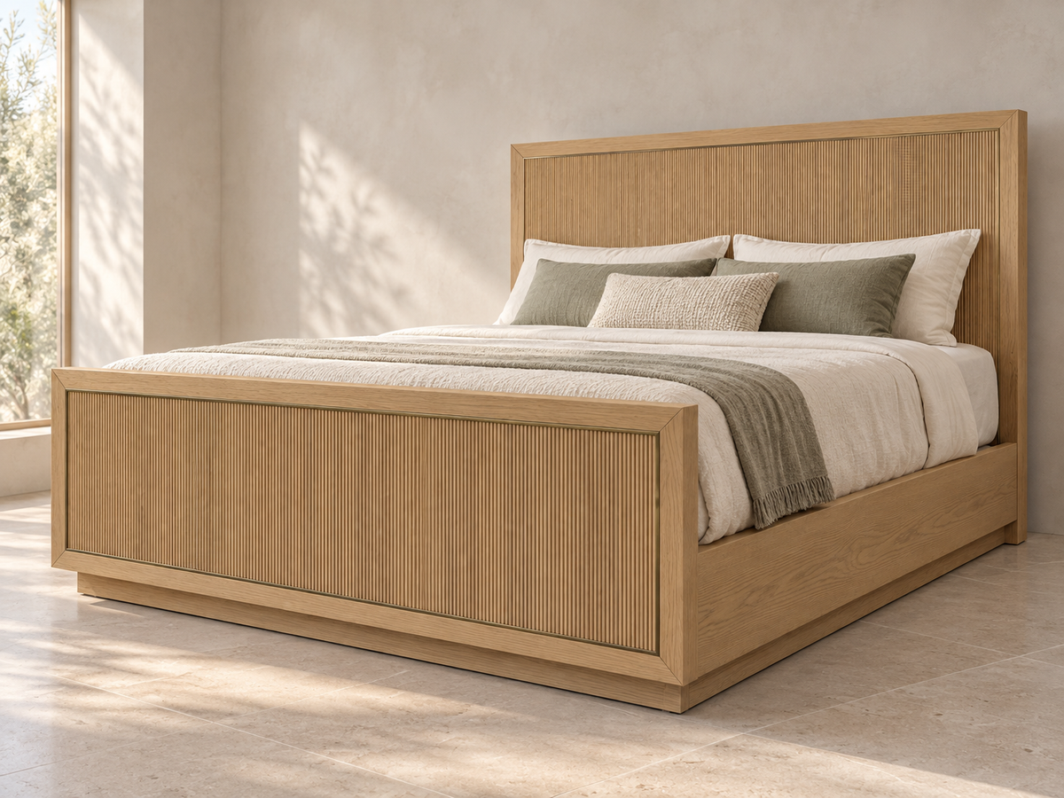 Rendered Sonoma bed in Nordic White Oak — limewash left. Bedding and decor shown for styling.