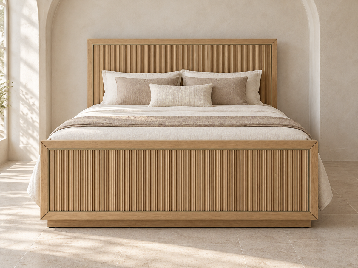 Rendered Sonoma bed in Nordic White Oak — limewash front. Bedding and decor shown for styling.