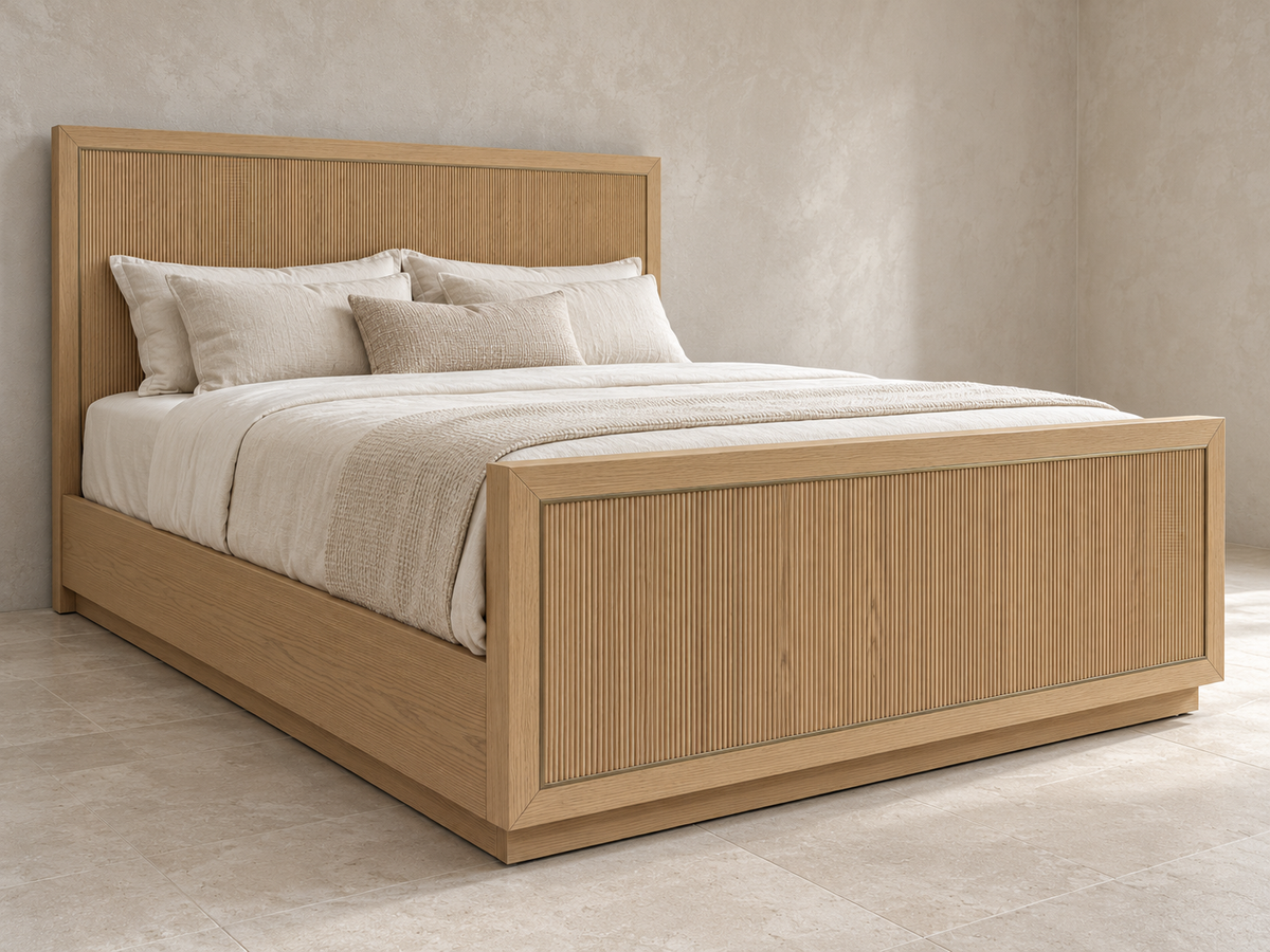 Rendered Sonoma bed in Nordic White Oak — limewash right. Bedding and decor shown for styling.