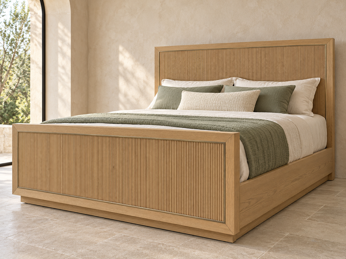 Rendered Sonoma bed in Nordic White Oak — limewash low. Bedding and decor shown for styling.
