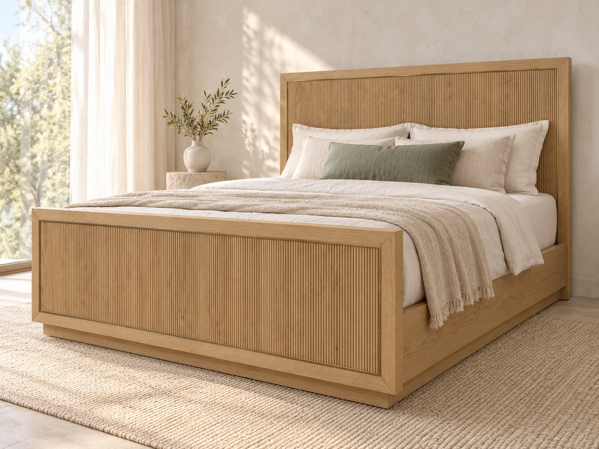 Rendered Sonoma bed in Nordic White Oak — 09 interior japandi. Bedding and room decor shown for styling.