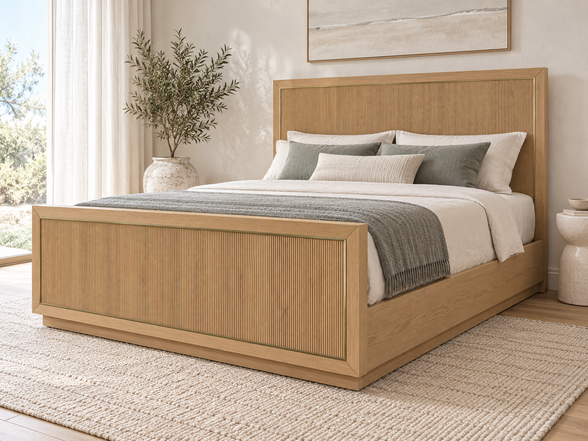 Rendered Sonoma bed in Nordic White Oak — 10 interior coastal. Bedding and room decor shown for styling.