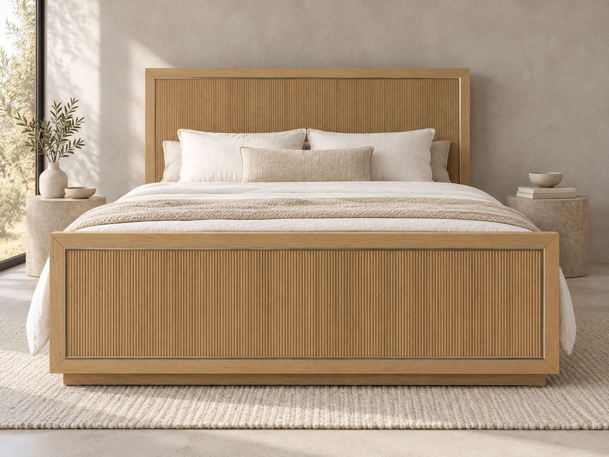 Rendered Sonoma bed in Nordic White Oak — 11 interior architectural. Bedding and room decor shown for styling.