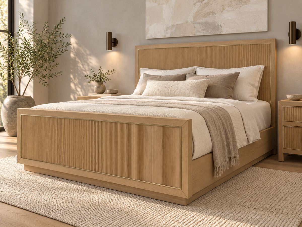Rendered Sonoma bed in Nordic White Oak — 12 interior city. Bedding and room decor shown for styling.