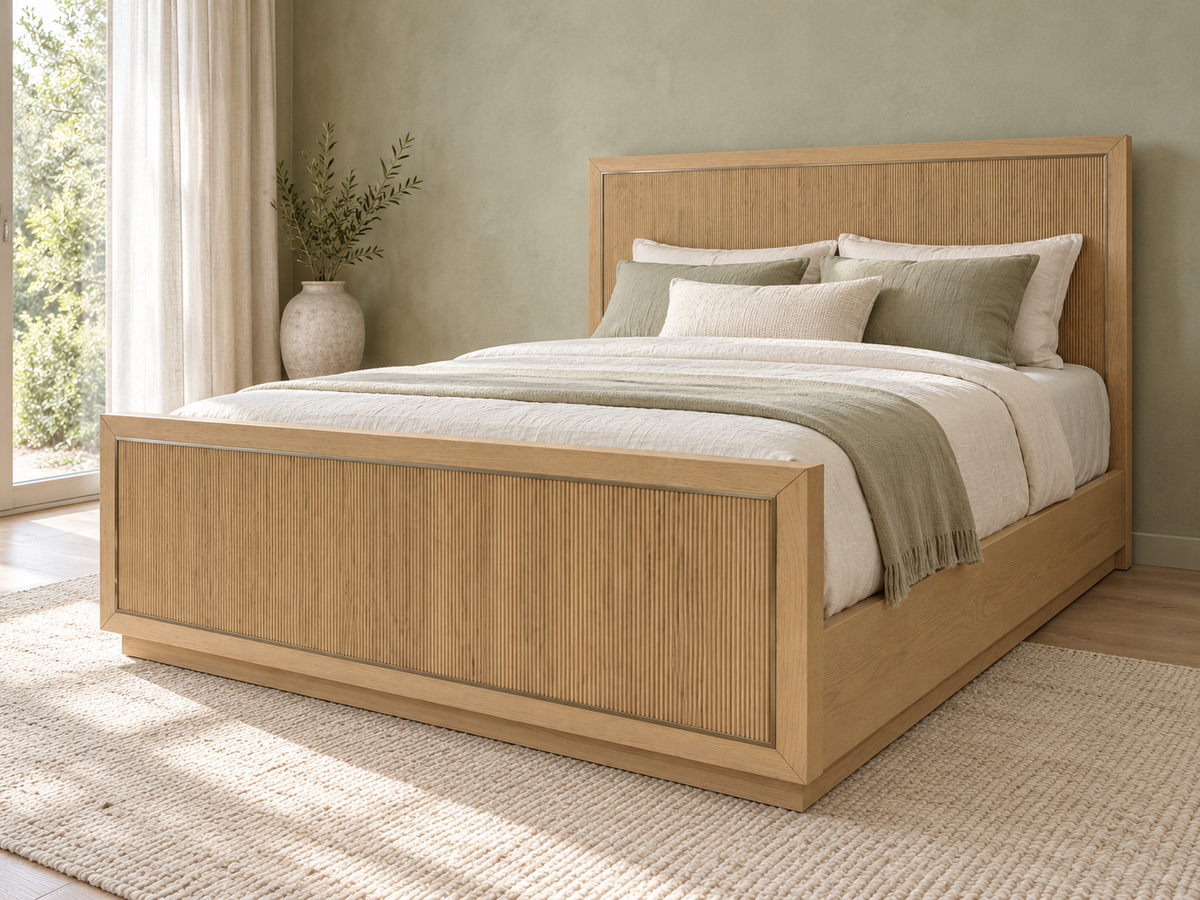 Rendered Sonoma bed in Nordic White Oak — 13 interior sage. Bedding and room decor shown for styling.
