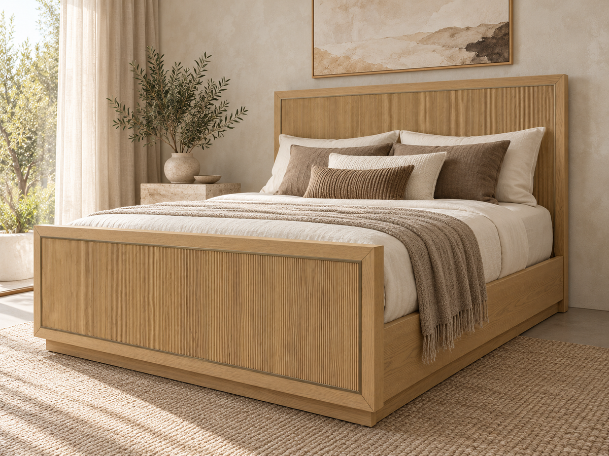Rendered Sonoma bed in Nordic White Oak — 14 interior quiet luxury. Bedding and room decor shown for styling.