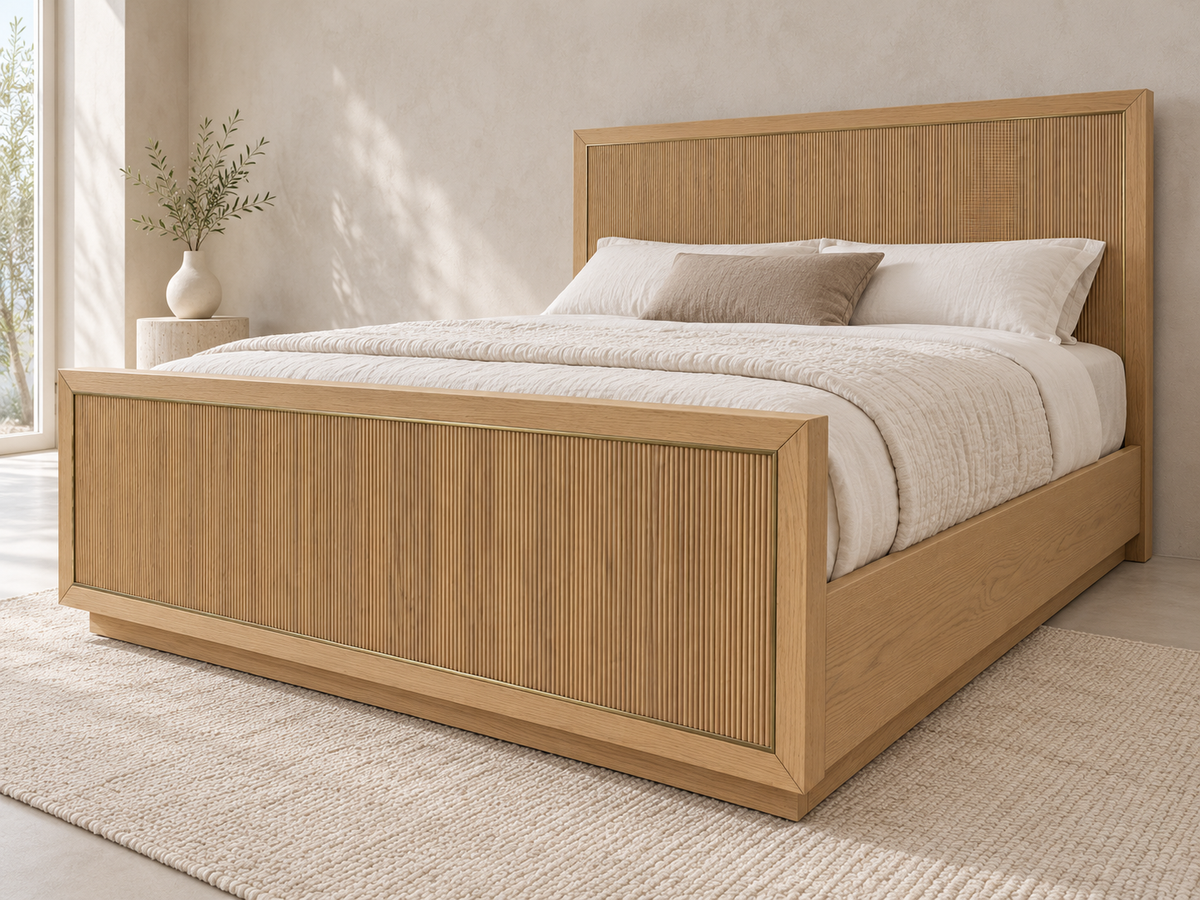 Rendered Sonoma bed in Nordic White Oak — 15 interior gallery. Bedding and room decor shown for styling.
