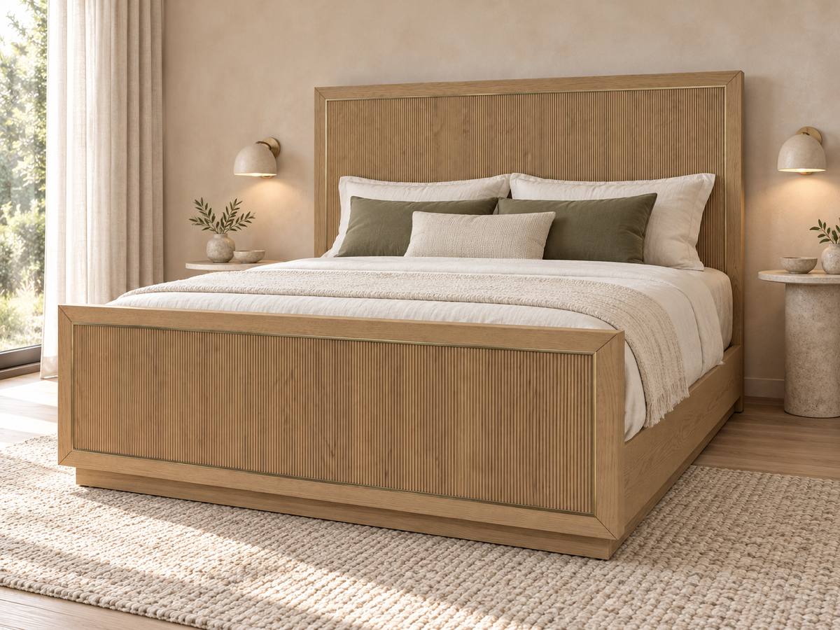 Rendered Sonoma bed in Nordic White Oak — 16 interior front suite. Bedding and room decor shown for styling.