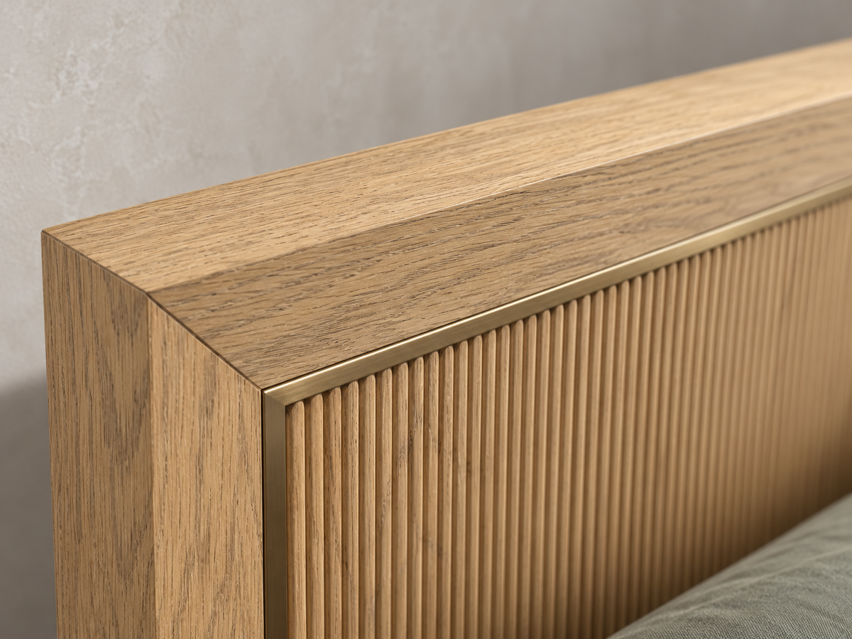 Rendered Sonoma bed in Nordic White Oak — oak top edge macro. Bedding and decor shown for styling.