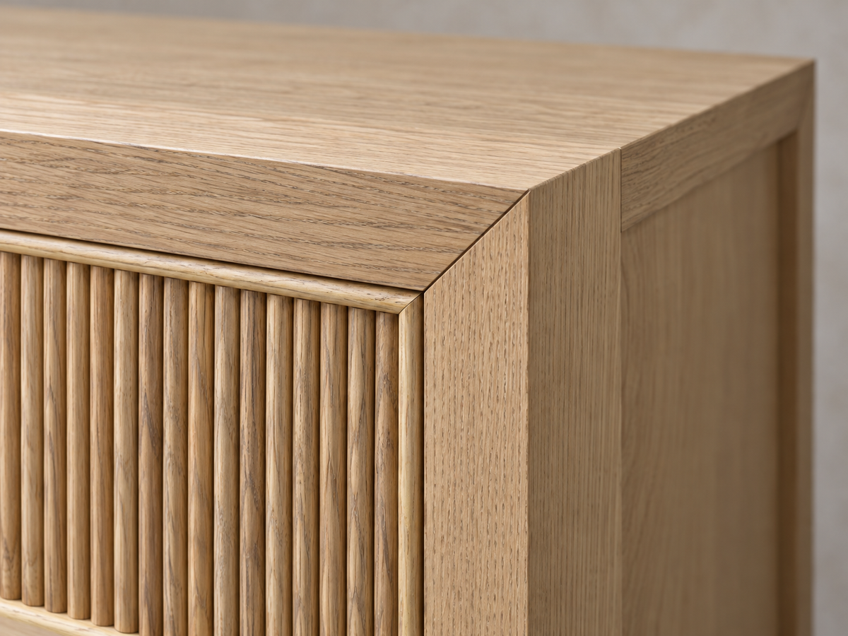 Rendered Sonoma 50-inch dresser in Nordic White Oak — frame reed macro. Room decor shown for styling.