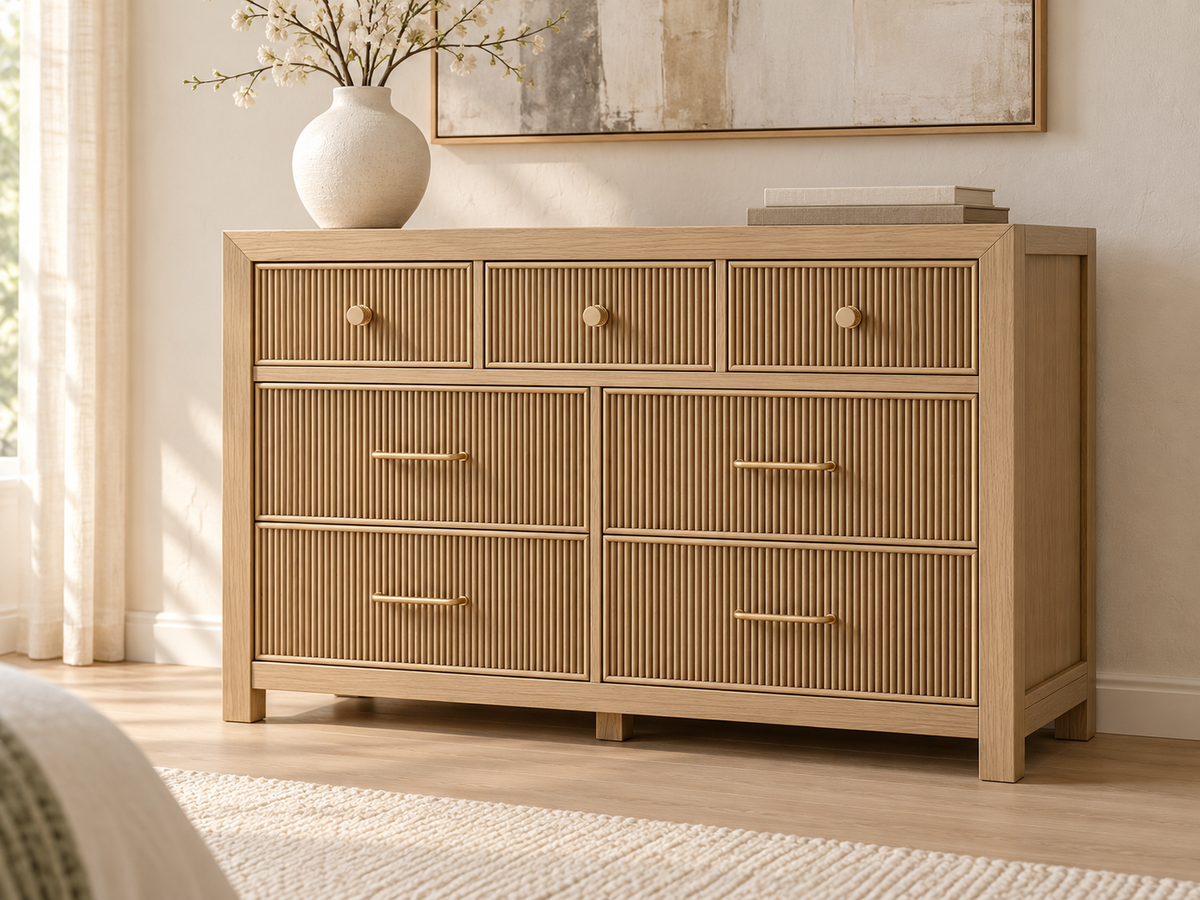 Sonoma 50-Inch Dresser in Nordic White Oak styled in a bedroom interior