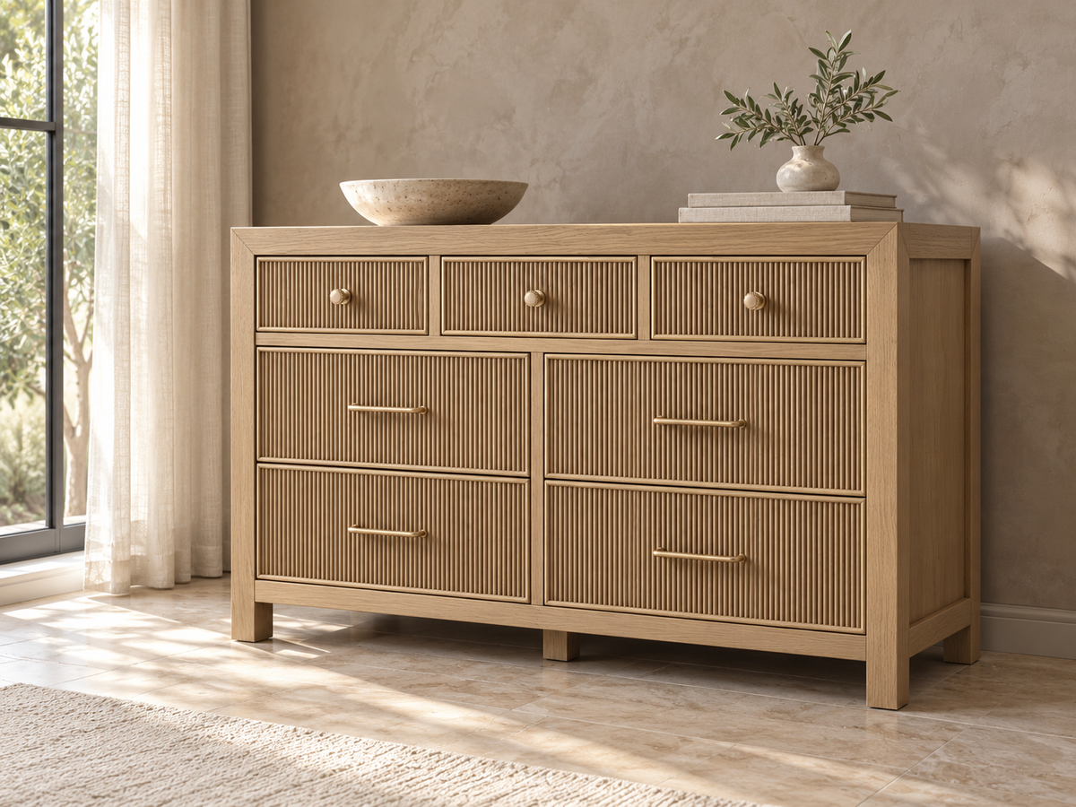 Rendered Sonoma 50-inch dresser in Nordic White Oak — interior 02. Room decor shown for styling.