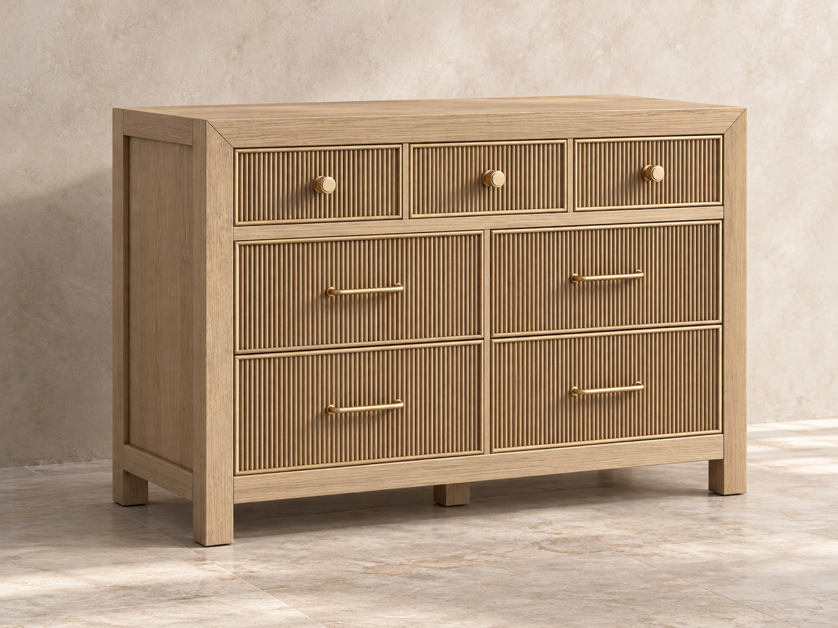 Rendered Sonoma 50-inch dresser in Nordic White Oak — limewash angle. Room decor shown for styling.